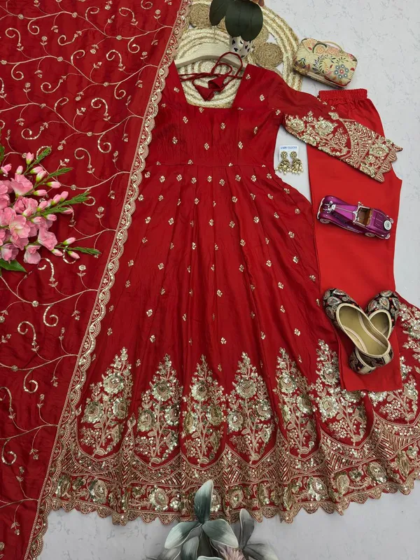 DEKEANSHKA®_Designer_Bridal_Red_Embroidered_Gown_With_Dupatta_&_Pant_Set