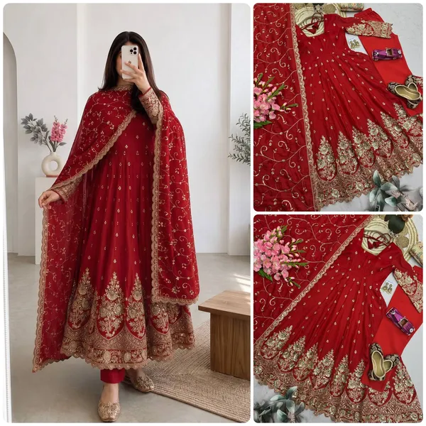 DEKEANSHKA®_Designer_Bridal_Red_Embroidered_Gown_With_Dupatta_&_Pant_Set