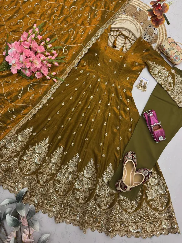DEKEANSHKA®_Designer_Mustard_Gold_Embroidered_Gown_With_Dupatta_&_Pant_Set