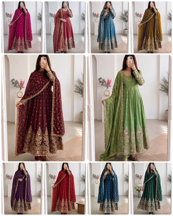 DEKEANSHKA®_Designer_Mustard_Gold_Embroidered_Gown_With_Dupatta_&_Pant_Set