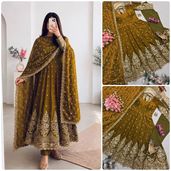 DEKEANSHKA®_Designer_Mustard_Gold_Embroidered_Gown_With_Dupatta_&_Pant_Set