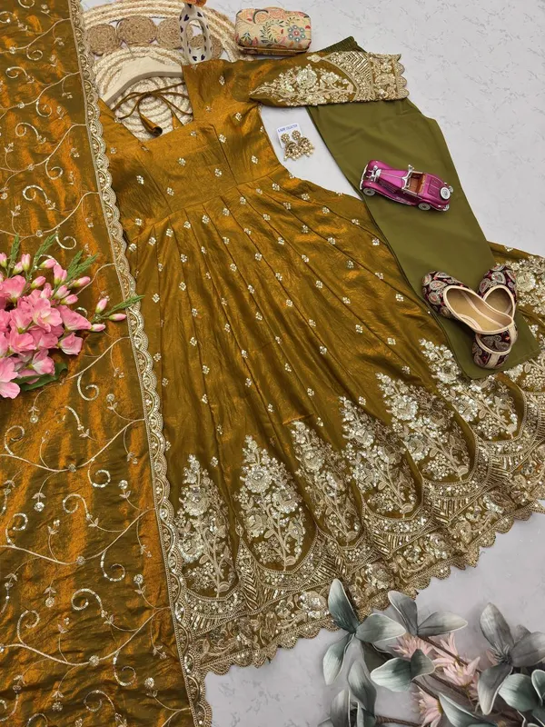 DEKEANSHKA®_Designer_Mustard_Gold_Embroidered_Gown_With_Dupatta_&_Pant_Set