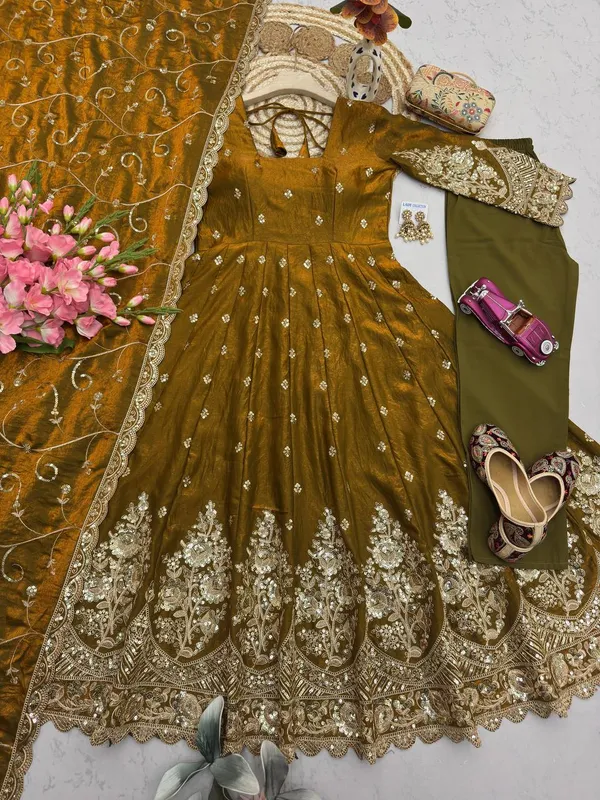DEKEANSHKA®_Designer_Mustard_Gold_Embroidered_Gown_With_Dupatta_&_Pant_Set