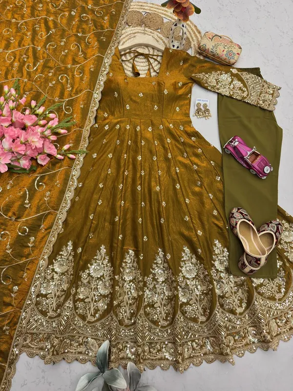 DEKEANSHKA®_Designer_Mustard_Gold_Embroidered_Gown_With_Dupatta_&_Pant_Set