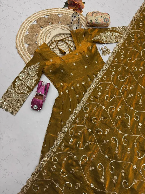 DEKEANSHKA®_Designer_Mustard_Gold_Embroidered_Gown_With_Dupatta_&_Pant_Set