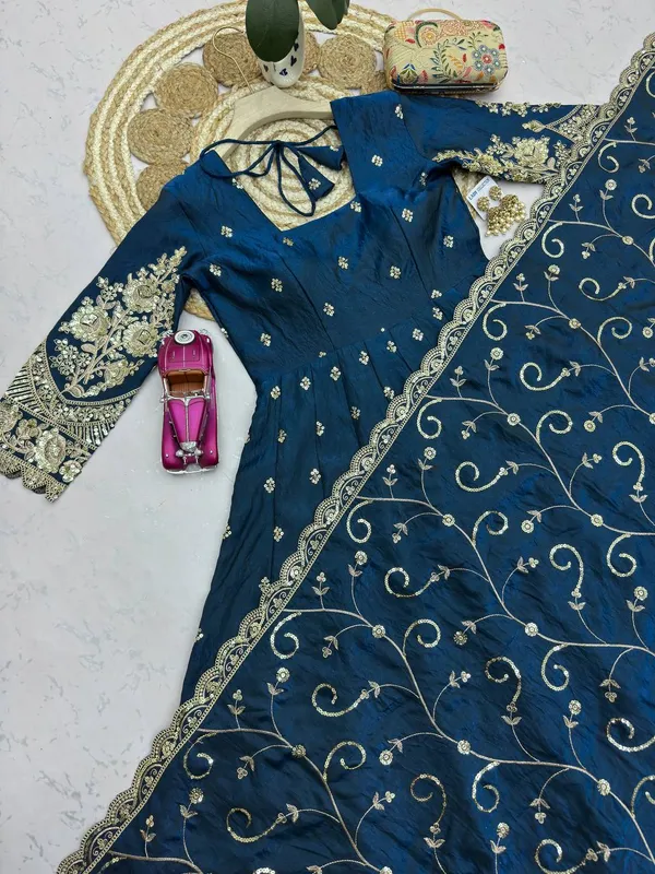 DEKEANSHKA®_Designer_Navy_Blue_Embroidered_Gown_With_Dupatta_&_Pant_Set