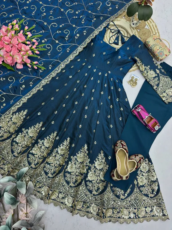 DEKEANSHKA®_Designer_Navy_Blue_Embroidered_Gown_With_Dupatta_&_Pant_Set