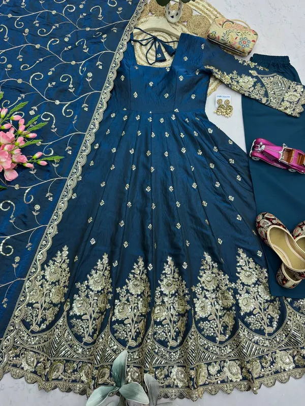 DEKEANSHKA®_Designer_Navy_Blue_Embroidered_Gown_With_Dupatta_&_Pant_Set