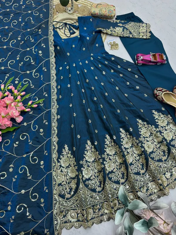 DEKEANSHKA®_Designer_Navy_Blue_Embroidered_Gown_With_Dupatta_&_Pant_Set