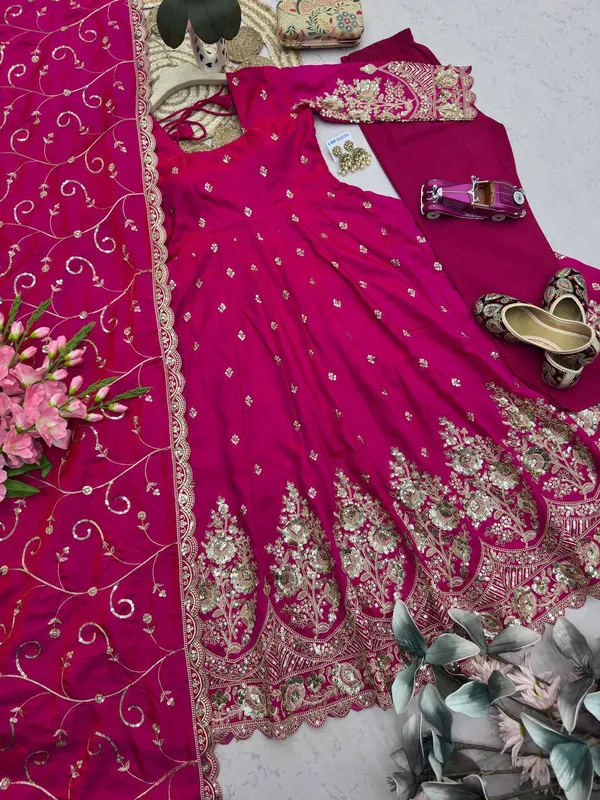 DEKEANSHKA®_Designer_Rani_Pink_Embroidered_Gown_With_Dupatta_&_Pant_Set