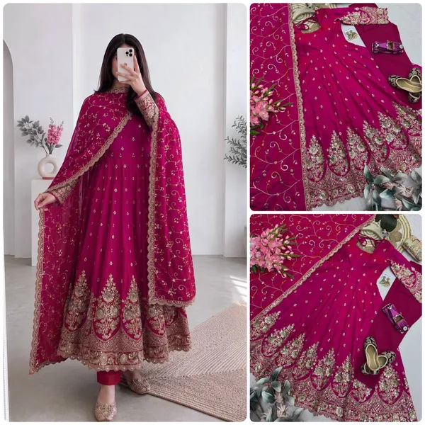 DEKEANSHKA®_Designer_Rani_Pink_Embroidered_Gown_With_Dupatta_&_Pant_Set