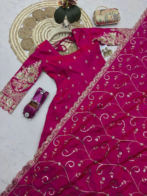 DEKEANSHKA®_Designer_Rani_Pink_Embroidered_Gown_With_Dupatta_&_Pant_Set
