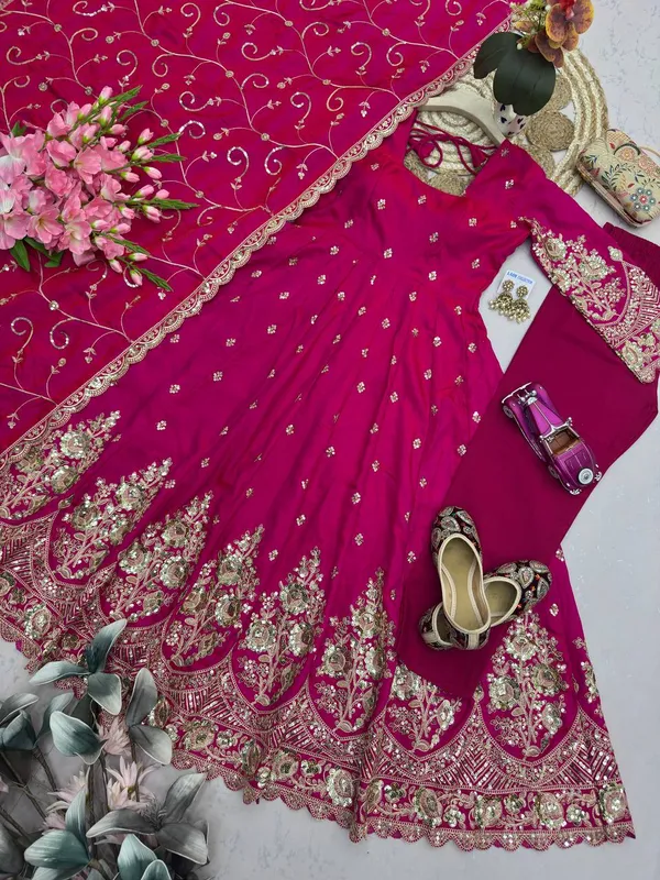 DEKEANSHKA®_Designer_Rani_Pink_Embroidered_Gown_With_Dupatta_&_Pant_Set