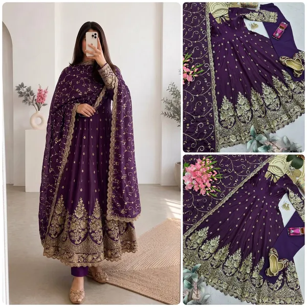 DEKEANSHKA®_Designer_Royal_Purple_Embroidered_Gown_With_Dupatta_&_Pant_Set
