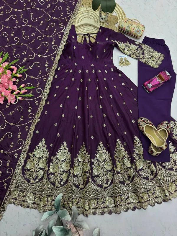 DEKEANSHKA®_Designer_Royal_Purple_Embroidered_Gown_With_Dupatta_&_Pant_Set
