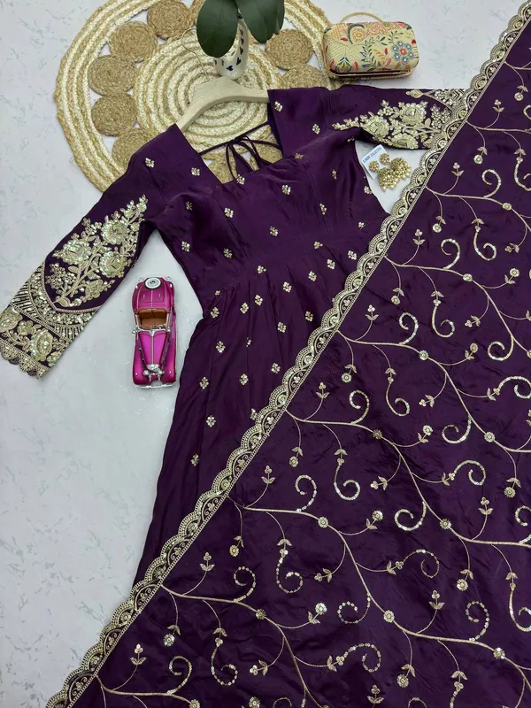 DEKEANSHKA®_Designer_Royal_Purple_Embroidered_Gown_With_Dupatta_&_Pant_Set