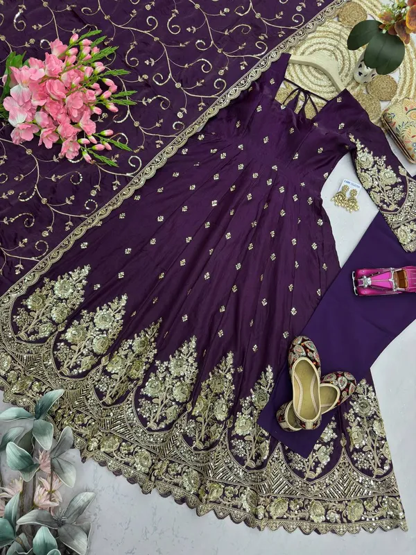 DEKEANSHKA®_Designer_Royal_Purple_Embroidered_Gown_With_Dupatta_&_Pant_Set