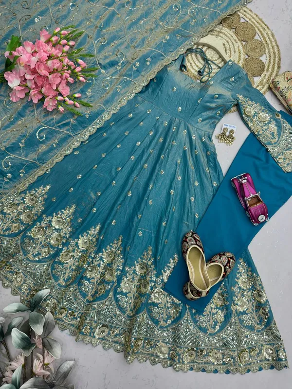 DEKEANSHKA®_Designer_Teal_Blue_Embroidered_Gown_With_Dupatta_&_Pant_Set