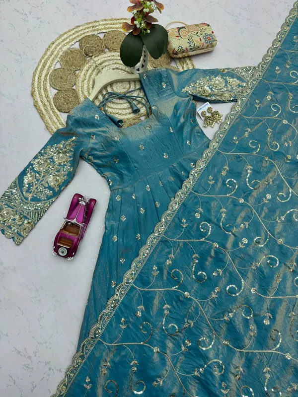DEKEANSHKA®_Designer_Teal_Blue_Embroidered_Gown_With_Dupatta_&_Pant_Set