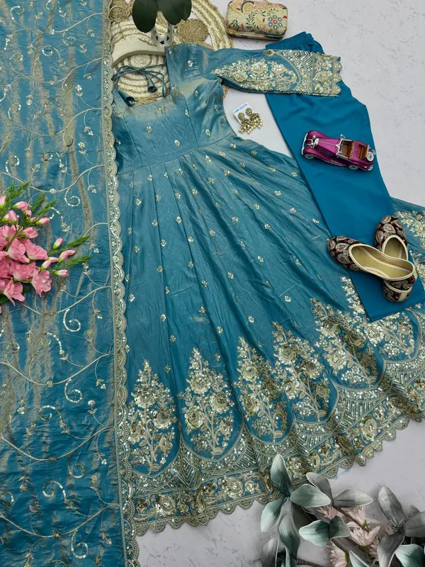 DEKEANSHKA®_Designer_Teal_Blue_Embroidered_Gown_With_Dupatta_&_Pant_Set