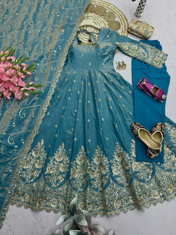 DEKEANSHKA®_Designer_Teal_Blue_Embroidered_Gown_With_Dupatta_&_Pant_Set