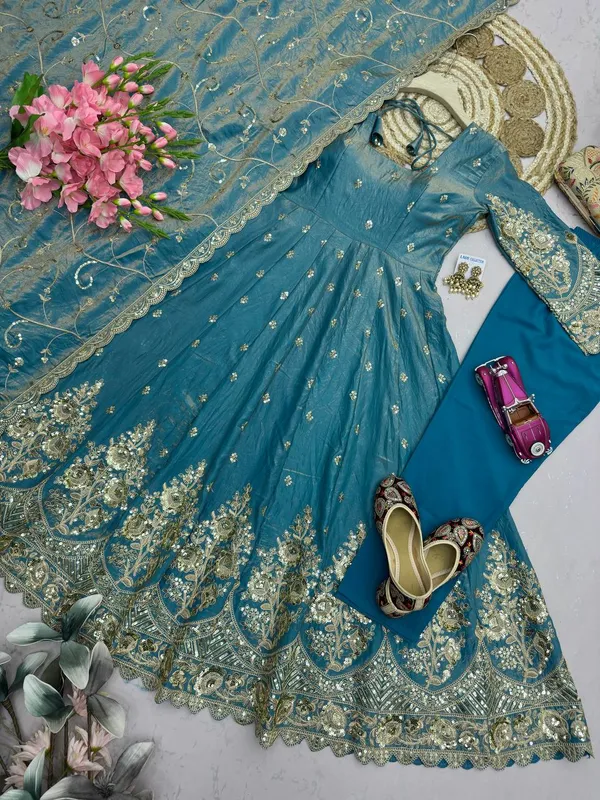 DEKEANSHKA®_Designer_Teal_Blue_Embroidered_Gown_With_Dupatta_&_Pant_Set