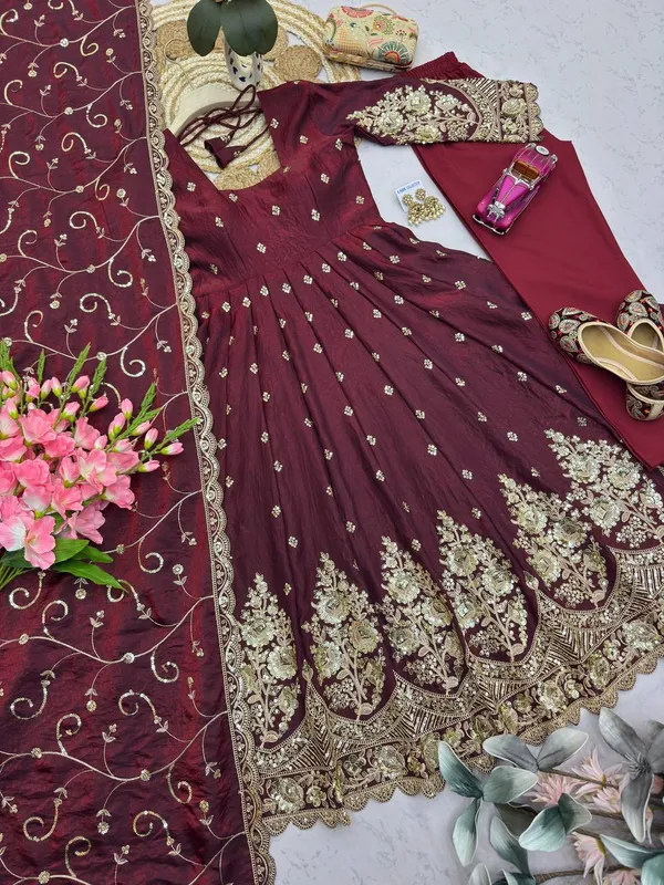 DEKEANSHKA®_Designer_Wine_Burgundy_Embroidered_Gown_With_Dupatta_&_Pant_Set