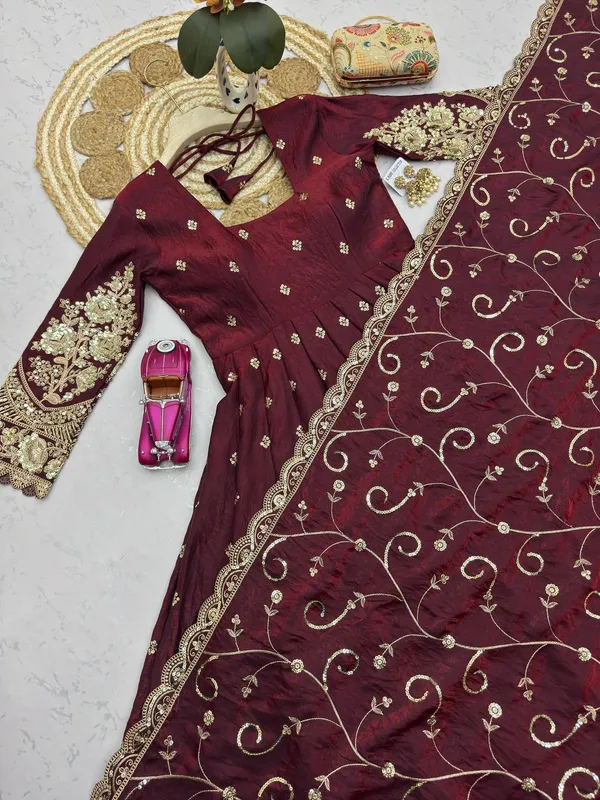 DEKEANSHKA®_Designer_Wine_Burgundy_Embroidered_Gown_With_Dupatta_&_Pant_Set