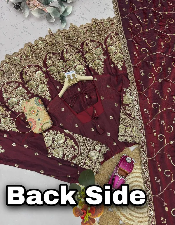 DEKEANSHKA®_Designer_Wine_Burgundy_Embroidered_Gown_With_Dupatta_&_Pant_Set