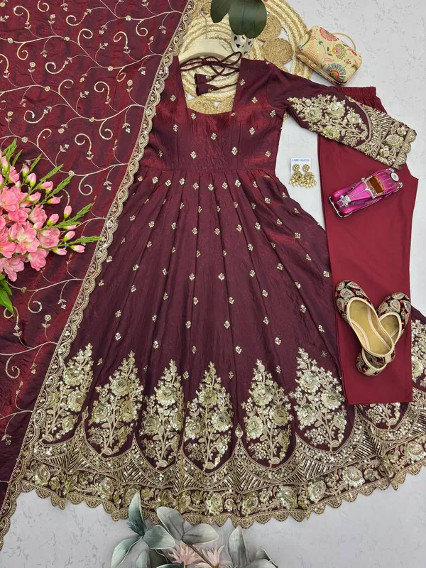 DEKEANSHKA®_Designer_Wine_Burgundy_Embroidered_Gown_With_Dupatta_&_Pant_Set