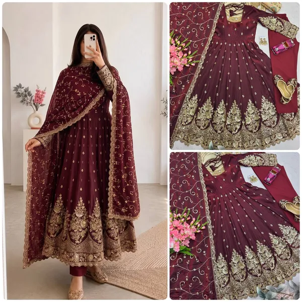 DEKEANSHKA®_Designer_Wine_Burgundy_Embroidered_Gown_With_Dupatta_&_Pant_Set