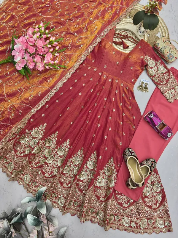 DEKEANSHKA®_Designer_Wine_Maroon_Embroidered_Gown_With_Dupatta_&_Pant_Set