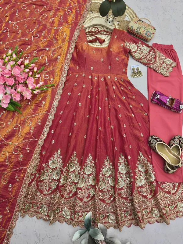 DEKEANSHKA®_Designer_Wine_Maroon_Embroidered_Gown_With_Dupatta_&_Pant_Set