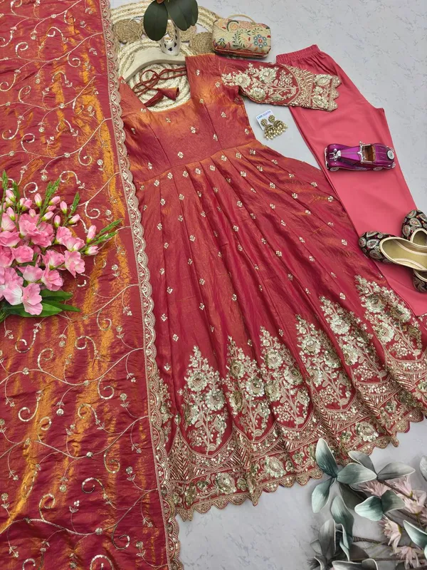 DEKEANSHKA®_Designer_Wine_Maroon_Embroidered_Gown_With_Dupatta_&_Pant_Set