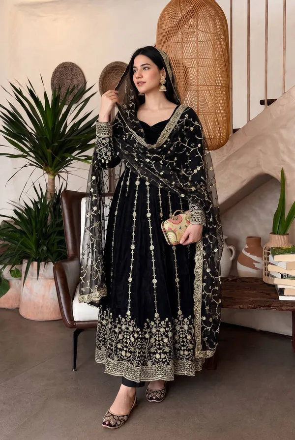 DEKEANSHKA®_Women’s_Designer_Black_Heavy_Fandy_Silk_Embroidered_Party_Wear_Gown_Set_with_Dupatta_&_Pant
