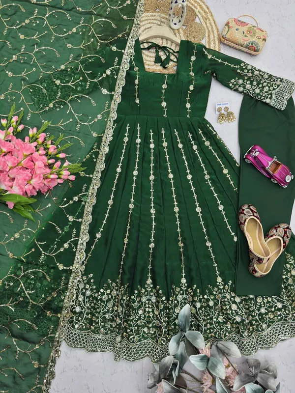 DEKEANSHKA®_Women’s_Designer_Dark_Green_Embroidered_Party_Wear_Gown_Set_with_Dupatta_&_Pant