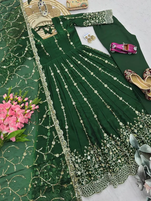 DEKEANSHKA®_Women’s_Designer_Dark_Green_Embroidered_Party_Wear_Gown_Set_with_Dupatta_&_Pant