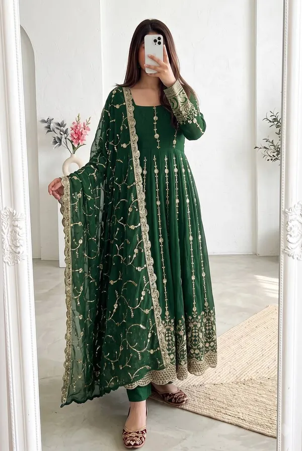 DEKEANSHKA®_Women’s_Designer_Dark_Green_Embroidered_Party_Wear_Gown_Set_with_Dupatta_&_Pant