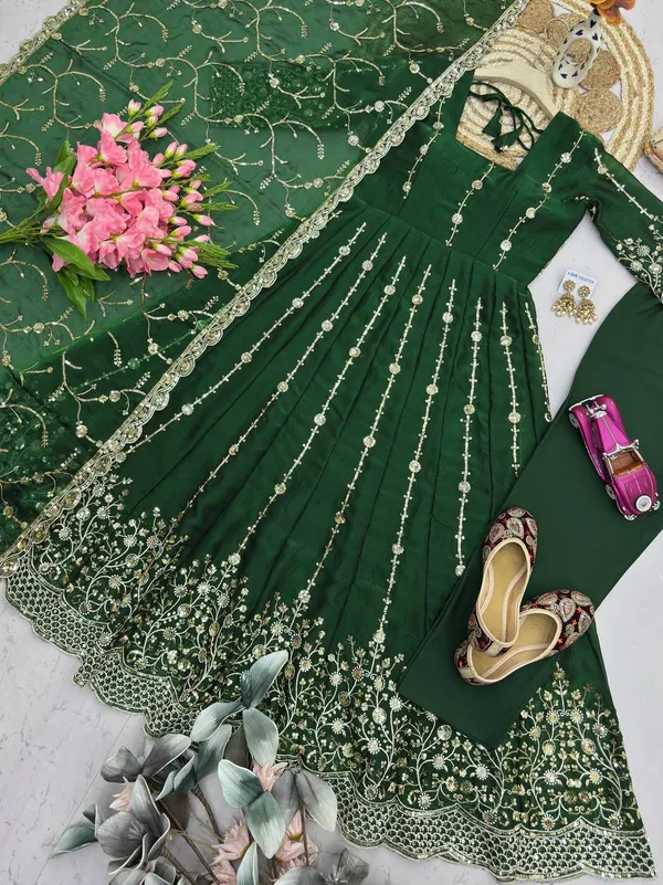 DEKEANSHKA®_Women’s_Designer_Dark_Green_Embroidered_Party_Wear_Gown_Set_with_Dupatta_&_Pant