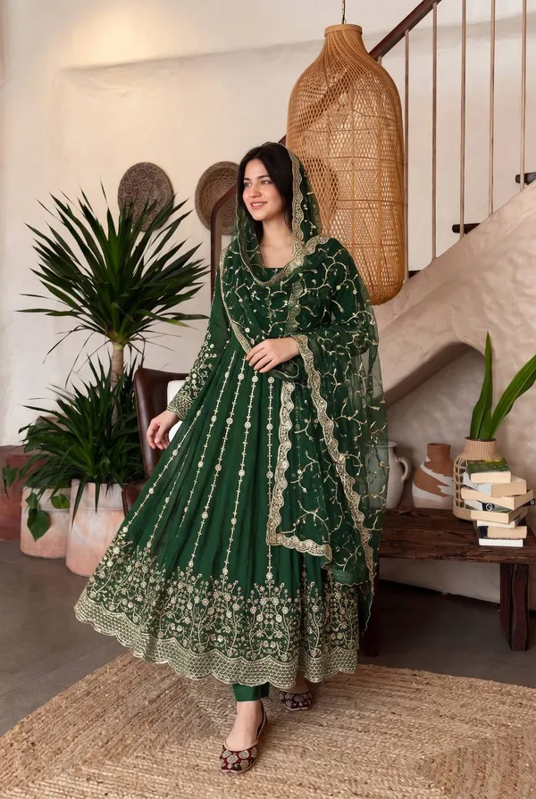 DEKEANSHKA®_Women’s_Designer_Dark_Green_Embroidered_Party_Wear_Gown_Set_with_Dupatta_&_Pant