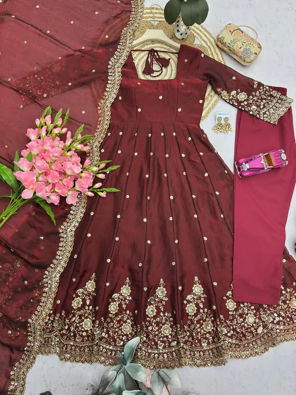 DEKEANSHKA®_Women’s_Designer_Party_Wear_Gown_Set_with_Dupatta_&_Pant_–_Maroon