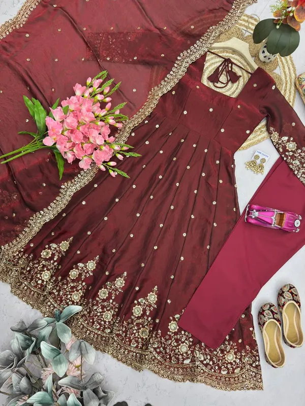 DEKEANSHKA®_Women’s_Designer_Party_Wear_Gown_Set_with_Dupatta_&_Pant_–_Maroon