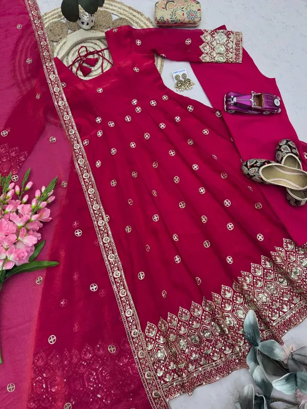 DEKEANSHKA®_Women’s_Designer_Party_Wear_Gown_Set_with_Dupatta_&_Pant_–_Rani_Pink