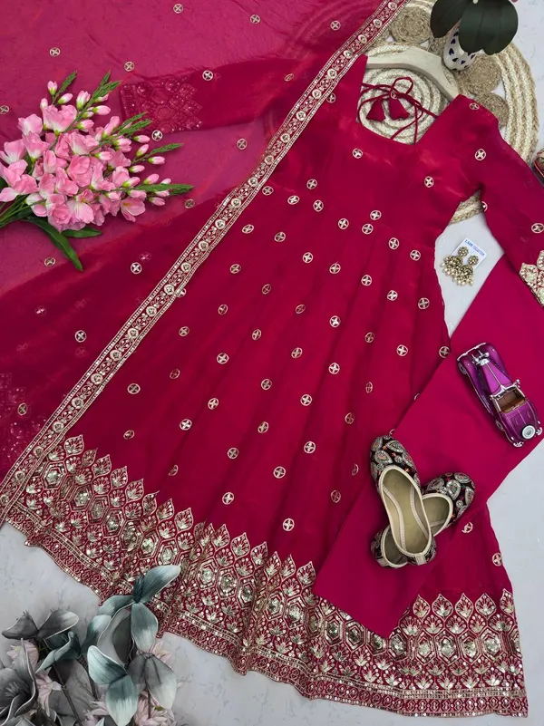 DEKEANSHKA®_Women’s_Designer_Party_Wear_Gown_Set_with_Dupatta_&_Pant_–_Rani_Pink