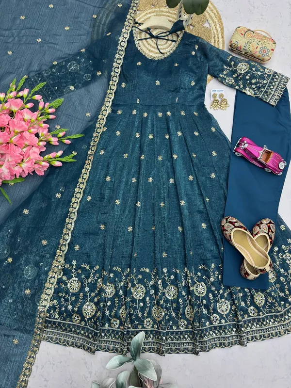 DEKEANSHKA®_Women’s_Designer_Party_Wear_Gown_Set_with_Dupatta_&_Pant_–_Teal_Blue