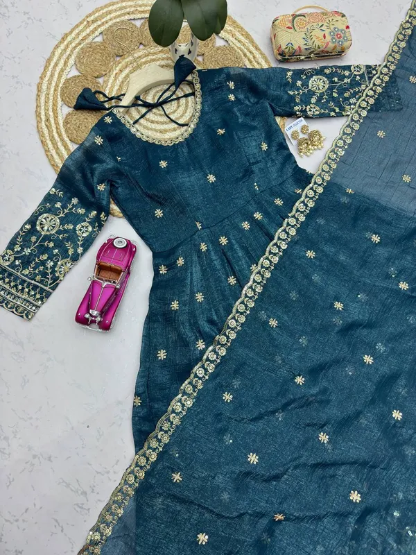 DEKEANSHKA®_Women’s_Designer_Party_Wear_Gown_Set_with_Dupatta_&_Pant_–_Teal_Blue