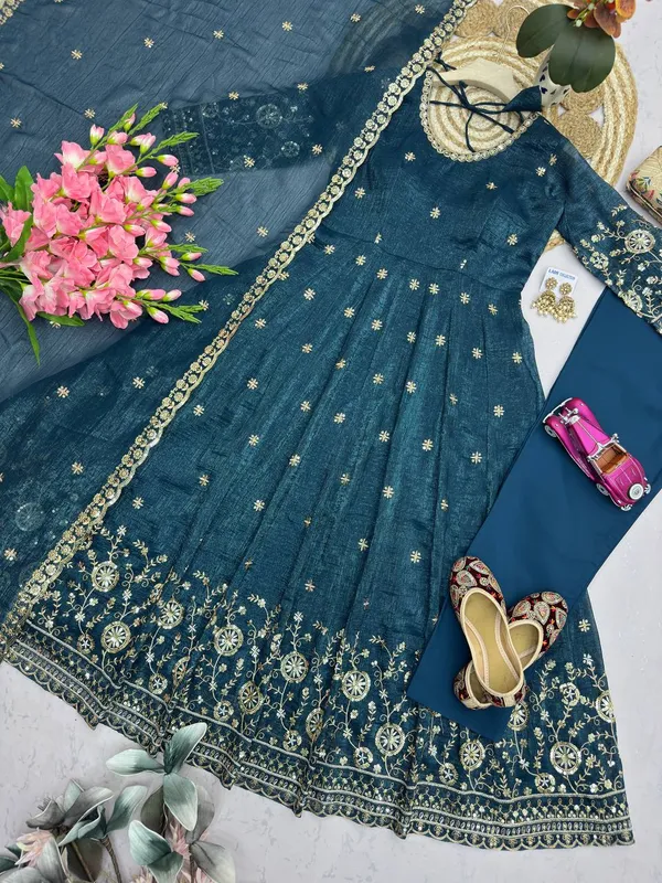 DEKEANSHKA®_Women’s_Designer_Party_Wear_Gown_Set_with_Dupatta_&_Pant_–_Teal_Blue