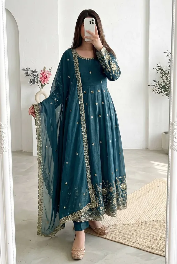 DEKEANSHKA®_Women’s_Designer_Party_Wear_Gown_Set_with_Dupatta_&_Pant_–_Teal_Blue