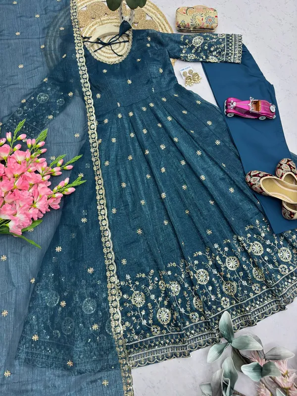 DEKEANSHKA®_Women’s_Designer_Party_Wear_Gown_Set_with_Dupatta_&_Pant_–_Teal_Blue