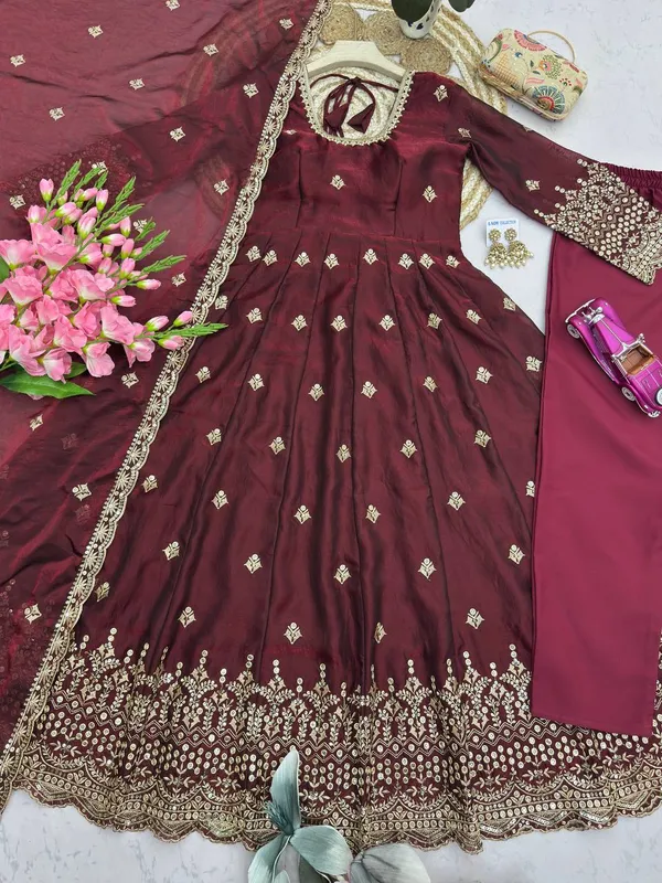 DEKEANSHKA®_Women’s_Designer_Party_Wear_Gown_Set_with_Dupatta_&_Pant_–_Wine
